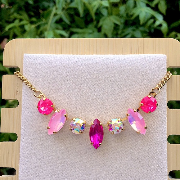 Hot Pink Pink Opal Aurora Borealis Gold Crystal Necklace